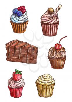 Delicious chocolate cake and cupcake sketches topped with vanilla, fruity and mint cream, chocolate glaze, fresh cherry, strawberry and raspberry fruits, wafer roll, sprinkles