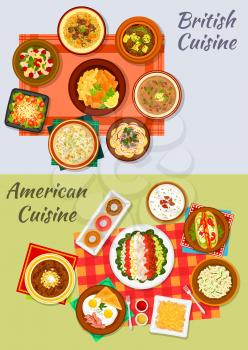 American and british cuisine dishes icon with fast food hot dog, fries, fish and chips, donut, fried egg with bacon, vegetable salads, irish stew, kidney and chowder soups, baked beans and lamb