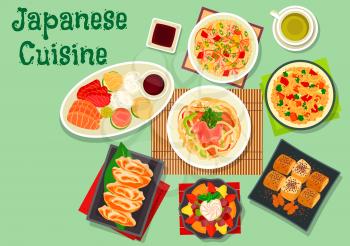 Japanese cuisine dinner dishes icon with sashimi platter, seafood rice, smoked eel egg roll, fry rice, vegetable pork udon noodles, nut rolls, jelly dessert with fruit