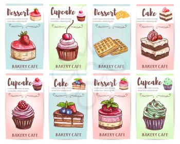 Cake, cupcake, muffin and waffle banners set of pastry desserts with cream, chocolate, fresh cherry, strawberry, raspberry, blueberry fruit. Bakery shop and cafe design