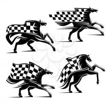 Horse with checkered flag. Horse racing emblem. Car races vector icons for sport club, bookmaker signboard, team shield, badge, label