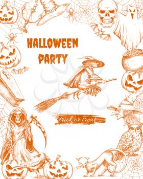 Halloween party elements of pumpkin lantern, witch on broom, cauldron potion, death with scythe, black cat, graveyard cemetery. Halloween engraving sketch characters and elements