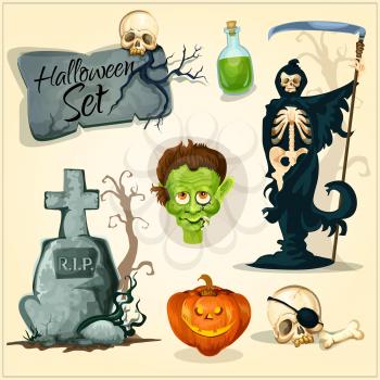 Vector orange halloween pumpkin lantern, skull on gravestone cross, poisonous green potion bottle, zombie monster, skeleton death with scythe. Creepy and horror elements for Halloween designs