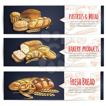 Fresh bread and bakery products posters. Vector sketch elements of baguette, loaf, bagel, pretzel, croissant, cake, muffin, bun for baker shop, patisserie, cafe pastry menu signboard