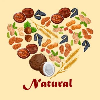 Natural nuts and cereals nutrition poster. Placard in heart shape with vector icons of coconut, almond, pistachio, sunflower seeds, peanut, hazelnut, walnut
