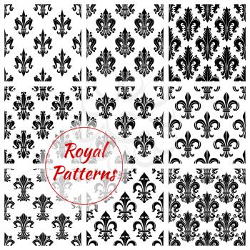 Royal french lily seamless backgrounds. Wallpaper with black vector pattern icons of heraldic fleur-de-lis on white background