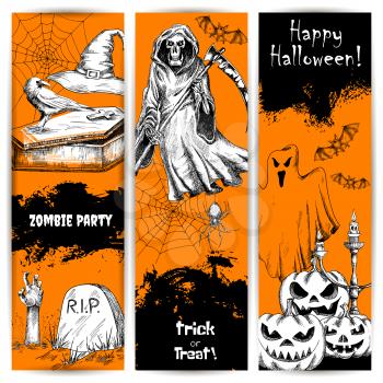 Halloween Party celebration orange posters and banners. Line sketched spooky smile pumpkin, sinister death reaper, zombie hand, cemetery tomb. Horror comic retro style decoration design elements
