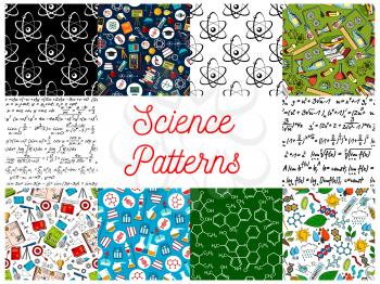Science backgrounds with patterns. Seamless wallpaper with icons of formula, microscope, telescope, atom, dna, chemicals, substance, gene, molecule, globe, proton magnet calculator lamp Mathematics ph