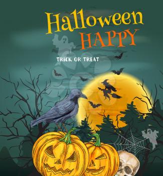 Halloween Party poster with sinister smiling pumpkins. Trick or Treat halloween party invitation card. Traditional design decoration with full moon, witch flying on broom