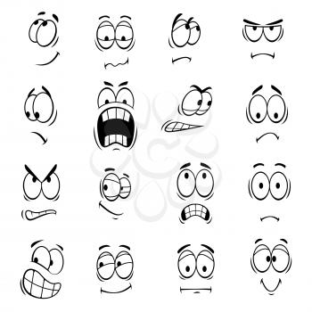 Human cartoon eyes with face expressions and emotions. Cute smiles icons for emoticons. Vector emoji elements smiling, happy, surprised, sad, angry, mad, stupid, crying, shocked, comic, upset silly sc
