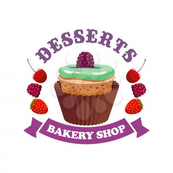 Muffin cake with berries. Bakery shop emblem. Vector icon of sweet chocolate cupcake on plate, jelly topping, strawberry, raspberry, cherry, purple ribbon. Template for cafe menu card, cafeteria signb