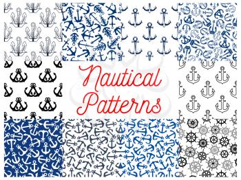 Nautical anchor and steering wheel patterns. Wallpaper with vector icons and symbols of anchor on chain, ship steering wheel