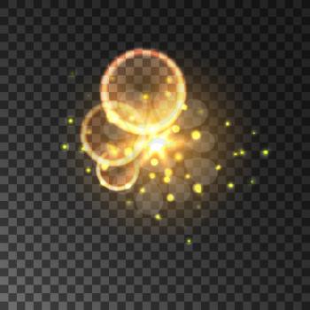 Golden glitter. Bokeh shining circle lights with lens flare effect. Magic glowing star and sun sparks on transparent background