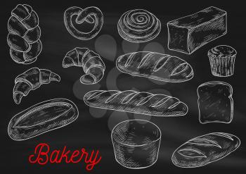 Bread sorts and bakery products. Vector chalk sketch on blackboard. Rye bread, ciabatta, wheat bread, muffin, bun, bagel, sliced bread, french baguette croissant pretzel