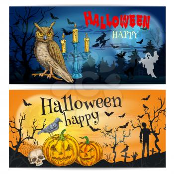 Artistic posters and cards for Happy Halloween celebration. Sketched halloween elements and characters for decoration. Traditional pumpkin, walking undead, skull, night owl on dark horror background