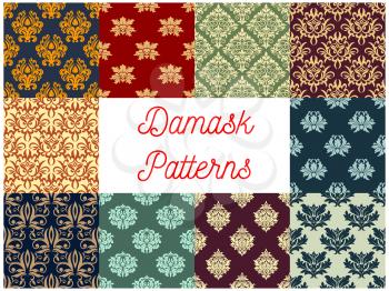 Damask ornamental decoration seamless patterns. Luxurious royal baroque ornaments and imperial decorative floral pattern tiles