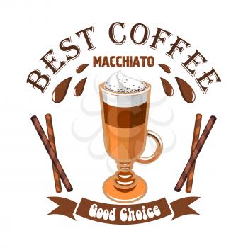 Macchiato coffee. Cafe emblem. Glass cup with layered coffee drink macchiato, cinnamon sticks and brown ribbon. Vector template for cafeteria menu, coffee shop signboard