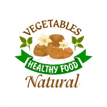 Potato vegetable healthy natural food emblem. Isolated tomatoes with flowers, leaves, green ribbon. Sign for vegetarian restaurant, cafe menu, grocery shop, farm store signboard