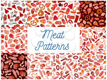 Meat and sausages seamless patterns. Vector pattern of butcher shop products and delicatessen ham, bacon, beefsteak, schnitzel, salami, pepperoni, wurst, meatloaf, jamon, bratwurst cow hatchet
