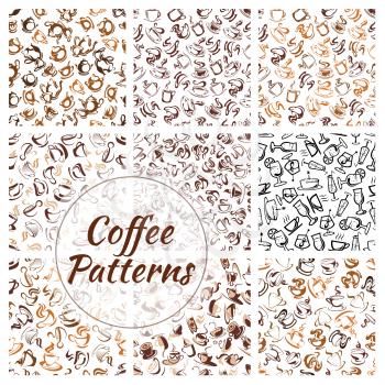 Natural coffee drinks seamless pattern set of brown coffee cup, mug and pot, saucer and spoon, decorated by coffee beans and swirling steam on white background
