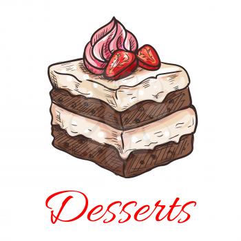 Sketched chocolate cake icon of sweet tiered dessert with vanilla cream and fresh strawberry fruit on the top. Pastry shop, cafe, chocolate dessert menu design