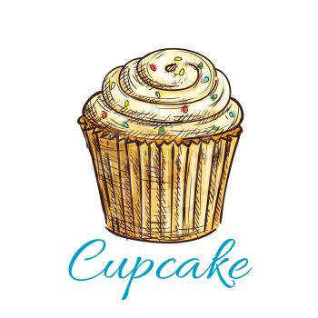 Vanilla cupcake isolated sketch with lemon cream icing and sprinkles. Cake shop and pastry symbol, cafe dessert menu design