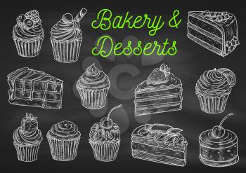 Bakery and desserts chalk sketch icons on blackboard. Isolated vector cupcake with strawberry, chocolate cake with blueberry, creamy muffin, tart with fruits, biscuit with cherry