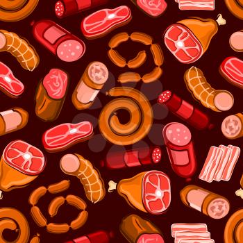 Sausages and meat products seamless pattern. Vector pattern of delicatessen bacon, salami, delicatessen, pepperoni, wurst, meatloaf, bratwurst, ham for restaurant menu, grocery store or butcher shop