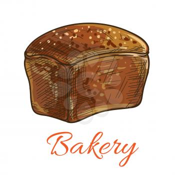 Bread loaf icon. Vector pencil sketch of wholegrain rye bread. Square brown loaf with crisp