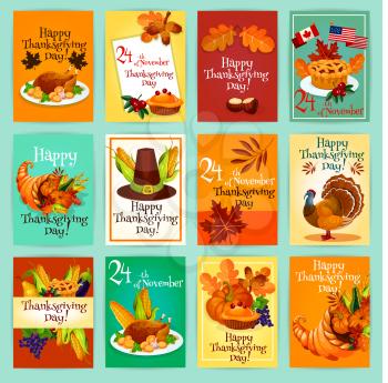 Thanksgiving holiday greeting cards, tags, posters, banners set with traditional thanksgiving day vector elements of turkey, pie, canada and america flags, pumpkin, autumn harvest cornucopia plenty ho