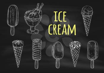 Ice cream chalk sketch icons on blackboard. Vector elements of dessert ice cream scoop in waffle cone, eskimo pie, slushy, frozen ice, sorbet, gelato, sundae for cafe or restaurant menu, decoration de