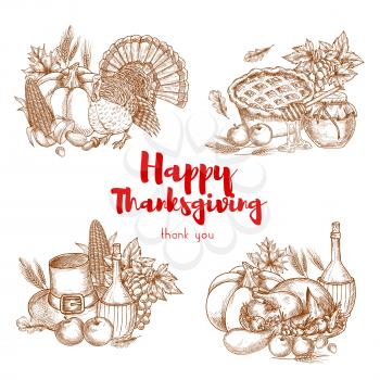 Thanksgiving holiday vector sketch symbols set. Traditional decoration elements of thanksgiving celebration. Turkey, cherry pie, harvest vegetables, pilgrim hat, vine and plenty of food meal for thank