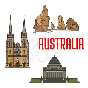 Australian buildings and landmarks icons. Vector St Mary Cathedral, Twelve Apostles rocks, Shrine of Remembrance. Detailed icons of sightseeings of Australia for souvenirs, travel guide design element