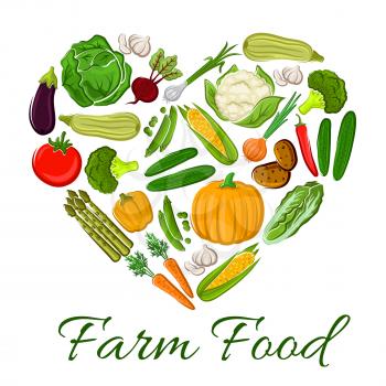 Farm Food vegetables icons in heart shape. Vegetarian products cauliflower, tomatoes, onion, potato, asparagus, leek, radish, potato, pumpkin, zucchini, pepper elements for grocery store decoration