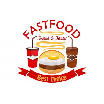Hamburger fast food emblem. Vector icon of fresh and tasty bun with meat cutlet, fried egg, coffee and soda drink in cups