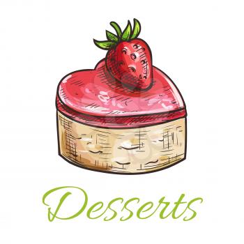 Vector dessert cake emblem. Color sketched cupcake with strawberry and marmalade topping. Template for cafe menu card, cafeteria signboard, bakery shop label