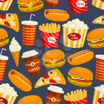 Fast food seamless pattern. Vector pattern of snacks and drinks hot dog, cheeseburger, popcorn, french fries, pizza slice, sandwich, coffee, soda, drink, ice cream