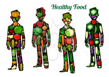 Healthy food nutrition icons. Human body silhouette elements with vector vegetables. Healthy vegetarian diet eating lifestyle concept with vegetables, cauliflower, pepper, carrot, radish, potato, cucu