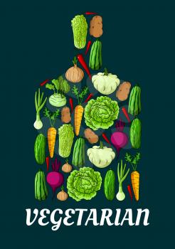 Vegetarian symbol with fresh vegetables. Vector emblem of cutting board with elements of cabbage, onion, kohlrabi, pepper, zucchini, leek, celery, daikon radish, carrot, beet, potato, broccoli