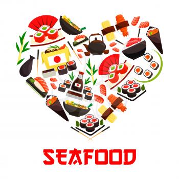 Seafood cuisine emblem in heart shape symbol with vector elements of oriental sushi rolls, salmon fish sashimi, steamed sticky rice, red caviar, ginger, soy sauce. Asian japanese kitchen decoration el