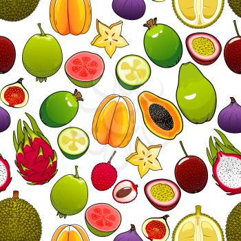 Exotic and tropical fruits. Vector seamless pattern of bright, fresh, juicy, whole and cut papaya, mango, carambola, feijoa, passion fruit maracuja, dragon fruit, lychee, durian, pomelo, guava, fig, m