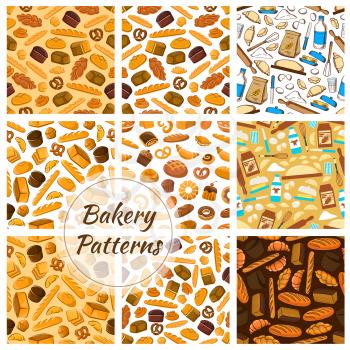 Bakery patterns set. Vector pattern with elements of bread loaf, croissant, baguette, muffin, bun, pretzel, bagel and baking kitchenware knife, butter, dough, flour for patisserie and bakery shop desi