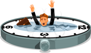 Businessman sinking in time. Business and work overtime excess. Free time lack. Vector clock element with water lake, desperate businessman with bag drowning in time ocean