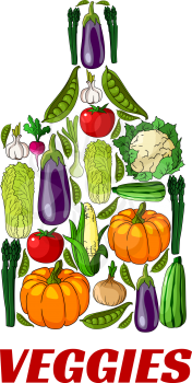 Veggies cutting board label icon with elements of fresh farm vegetables of pumpkin, cabbage, onion, kohlrabi, pepper, zucchini, leek, celery, daikon radish, carrot, beet, potato, broccoli. Vegetarian 