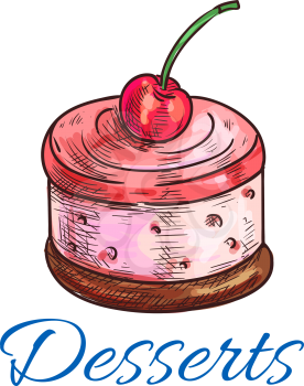 Desserts icon. Emblem of sweet cherry souffle biscuit. Creamy mousse cake vector color sketch label design for cafe menu card, cafeteria signboard, bakery shop decoration elements