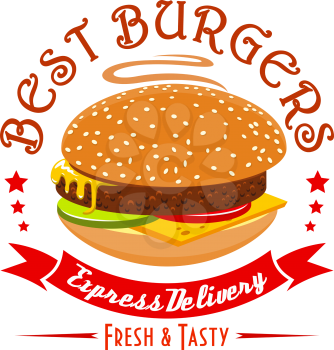 Burger emblem. Best Burgers fast food label. Tasty meat cutlet with cheese, vegetables and crispy bun. Red ribbon design icon for fast food menu card, signboard, sticker
