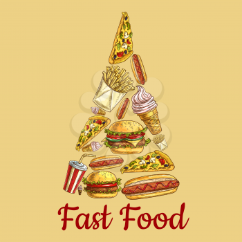 Fast food icons in pizza slice shape. Vector emblem with fast food elements of cheeseburger, pizza slice, hot dog, french fries, soda drink, ice cream. Label for fast food menu card design