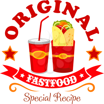 Burrito fast food emblem. Mexican bread wrap snack with meat and vegetables filling. Soda coke drink, burrito tortilla label ribbon for fast food restaurant menu card, signboard sticker design
