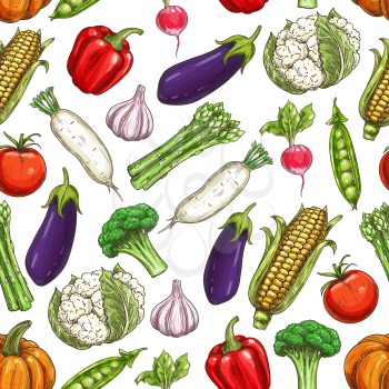 Vegetables pattern. Farm fresh vegetable icons on seamless pattern background. Vector elements of eggplant, garlic, pepper, pumpkin, corn, broccoli, peas, daikon radish, tomato, cauliflower