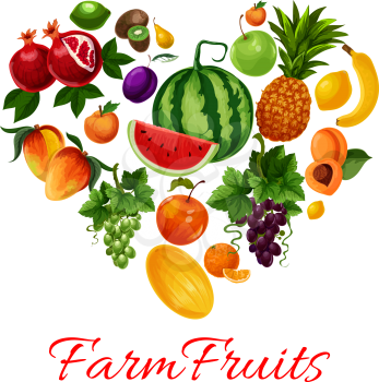 Fruits icons in heart shape. Fruit emblem of tropical and farm fruits pattern watermelon, pineapple, grape bunch, apricot, mango, melon, plum, banana, citrus lemon, lime, kiwi, pomegranate. I love fru